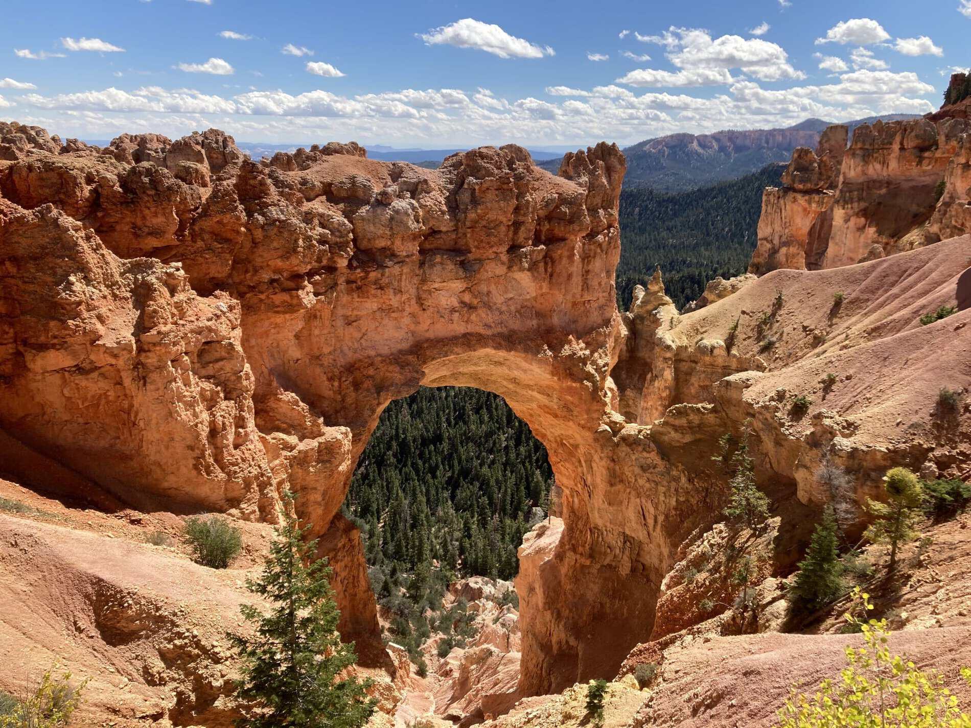 An advertisement for Straight Away Travel showcasing a dramatic view of Bryce Canyon National Park's Natural Bridge. The massive, orange-red rock arch frames a steep drop-off looking down into a dense valley of green pine trees. The surrounding landscape features rugged hoodoos and weathered canyon formations under a bright blue sky filled with scattered white clouds.